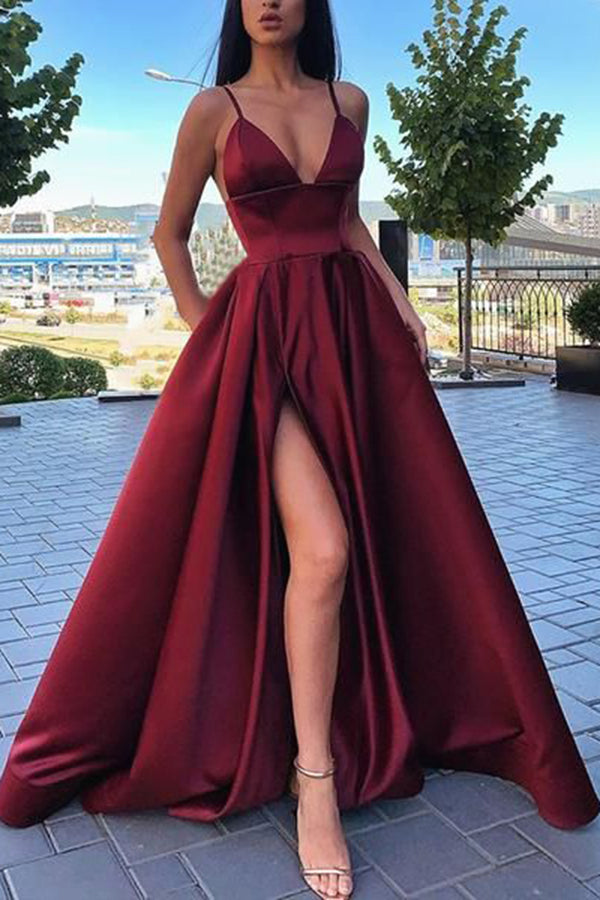 Simple Dark Red Satin Ball Gown V-neck ...